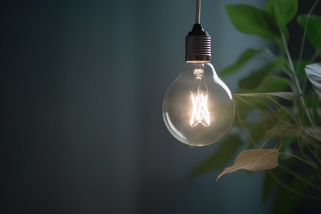 Light bulb glowing in dark room with green plant. Idea concept.の素材