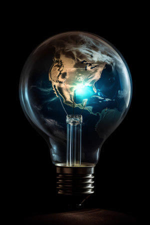 Glowing light bulb and glowing earth globe inside. 3D renderingの素材