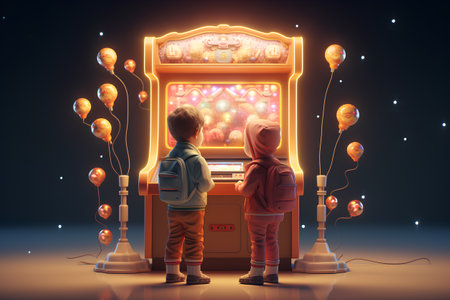 Children playing arcade games. Retro arcade machine with balloons, 3d illustrationの素材