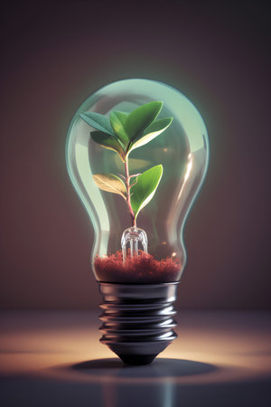 Glowing light bulb with green sprout inside, 3D renderingの素材