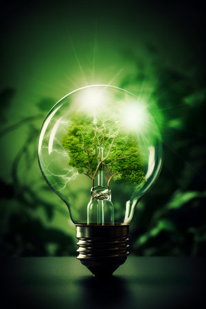 Ecology concept with green tree growing inside of light bulb on green backgroundの素材