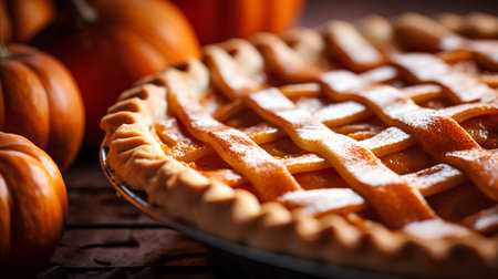 Fresh homemade pumpkin pie on rustic wooden background. Selective focus.の素材