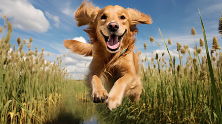 Golden Retriever jumping in the water. Funny dog portrait.の素材
