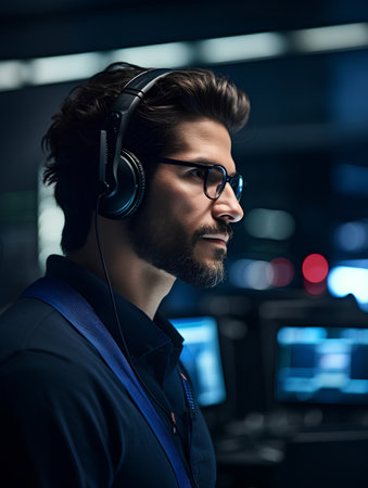 Bearded man in headphones listening to music while standing in front of computer monitorsの素材
