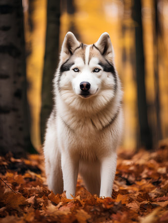 Portrait of a beautiful siberian husky in the autumn forestの素材