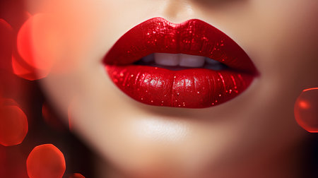 Close up of beautiful female lips with glossy red lipstick. Red lips make up.の素材