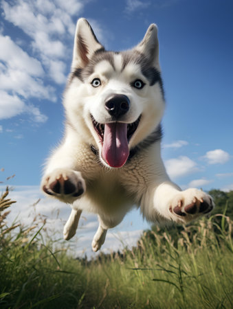 Portrait of a happy siberian husky dog jumping over blue sky backgroundの素材