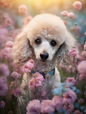 Apricot poodle dog sitting in a field of pink flowersの素材