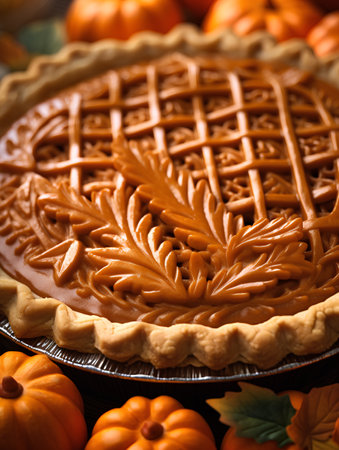 Homemade pumpkin pie on wooden background. Selective focus. Shallow depth of field.の素材