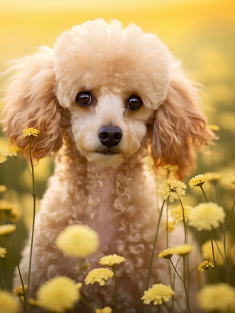 Cute miniature poodle puppy in the field of yellow flowers.の素材