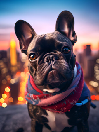 Portrait of a french bulldog with a red scarf on a city backgroundの素材