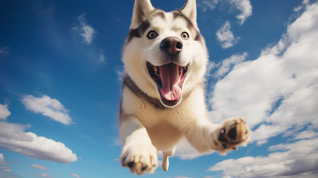 Siberian Husky dog jumping in the blue sky with cloudsの素材