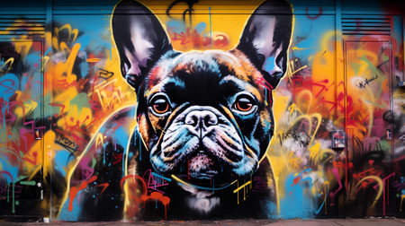 French bulldog in front of a graffiti wall in Paris, France.の素材