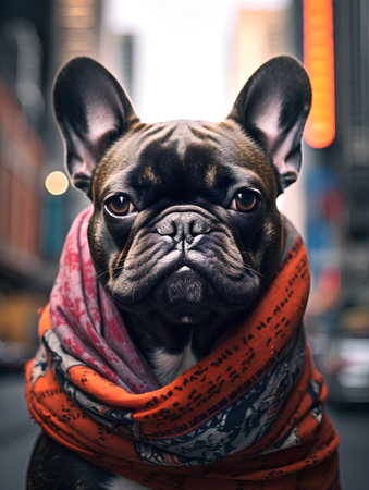 Portrait of a French bulldog wearing a scarf in the cityの素材