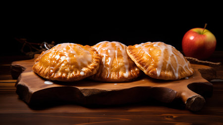 Apple strudel on a wooden board on a dark background.の素材