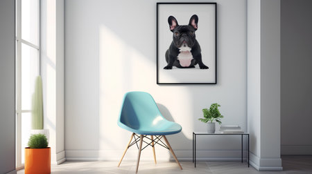 Modern interior with a chair and a picture of a french bulldogの素材