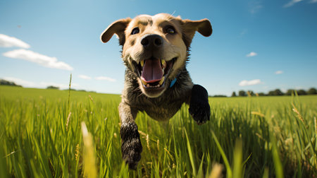 Happy dog running in green field on a sunny summer day. Concept of active and healthy life.の素材