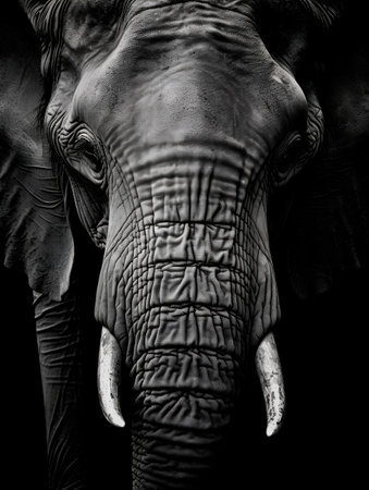 Elephant head close up, black and white photo, Africa.の素材