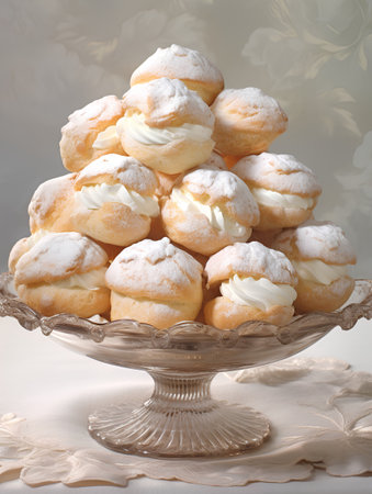 Cream puff cakes with whipped cream in a vintage vase.の素材