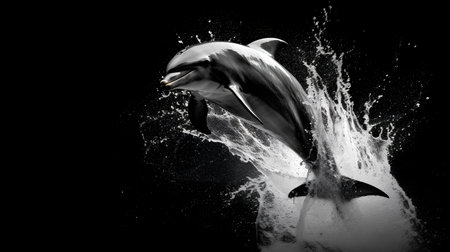 Dolphin jumping out of water. Black and white image. Studio shot.の素材