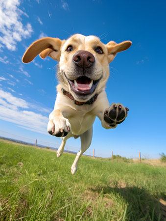happy labrador retriever dog jumping over green field and blue skyの素材