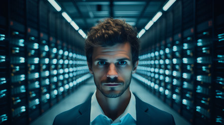 Surprised businessman looking at the camera in a server room.の素材