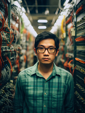Young asian man in datacenter server room. IT and data center concept.の素材