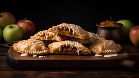 Apple pie with caramelized apples on a wooden board. Dark background.の素材
