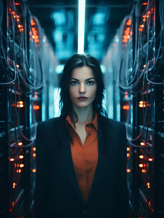 Portrait of a beautiful young woman in a network server room.の素材