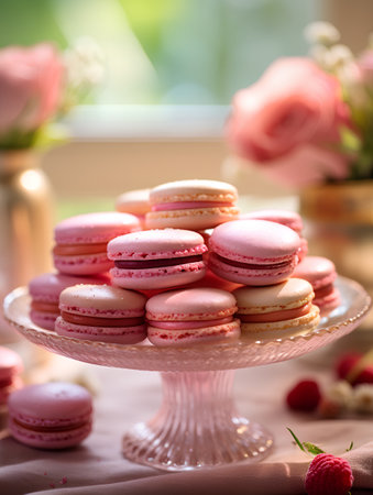 Pink macarons in a glass vase. Selective focus.の素材