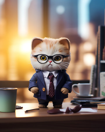 Cute cat in business suit and glasses standing at office desk.の素材