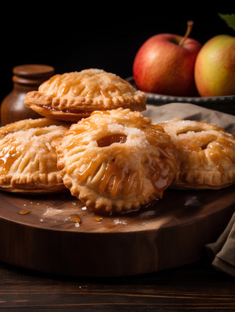 Apple pie on a wooden board with apples on a black background.の素材