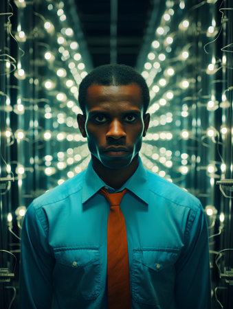 Portrait of a young african american man against glowing backgroundの素材