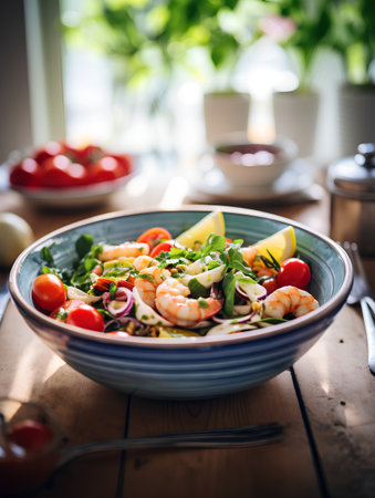 Salad with shrimps, tomatoes and arugula in blue bowl on wooden tableの素材