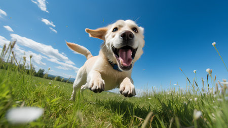 Golden retriever dog running on the green field with dandelionsの素材