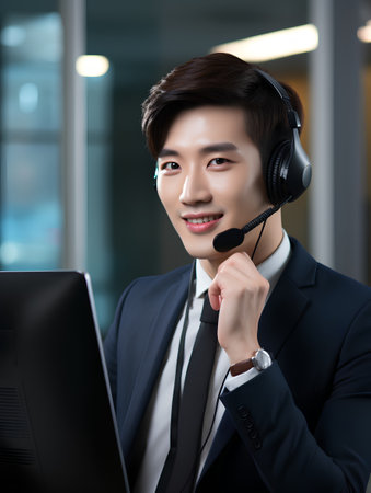 Portrait of young asian call center operator with headset in officeの素材