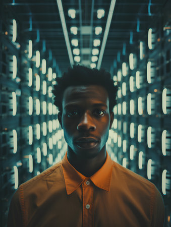 Portrait of young african american man looking at camera in data centerの素材