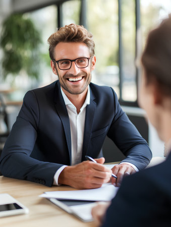 Portrait of smiling businessman in eyeglasses sitting at table in officeの素材