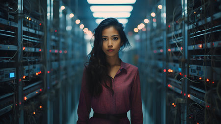 Attractive asian woman in datacenter server room looking at cameraの素材