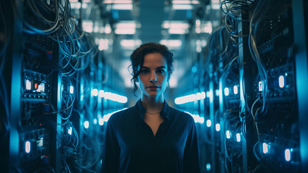 Young woman working in data center room. Network server room background.の素材