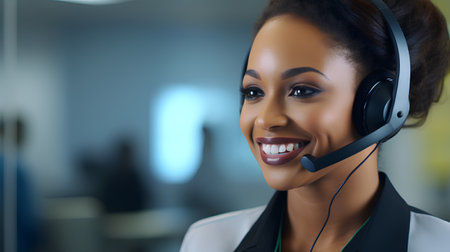 Closeup portrait of beautiful african american customer support phone operator in headset.の素材