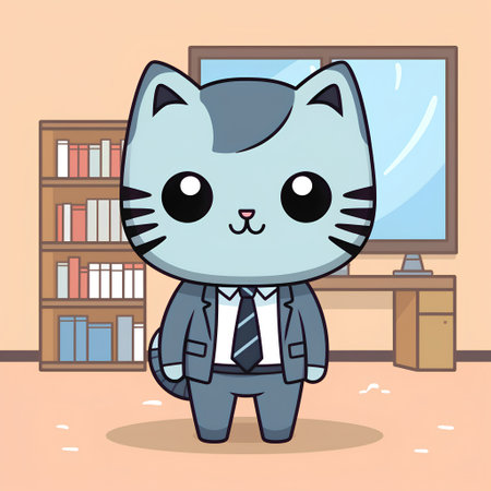 cute cat with tie and office supplies in the room vector illustrationの素材