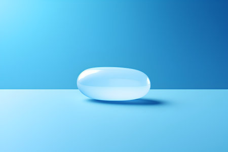Transparent water drop on blue background. 3d render illustration.の素材