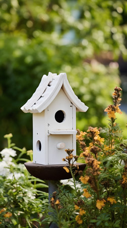 Beautiful birdhouse in the garden. Selective focus on birdhouse.の素材