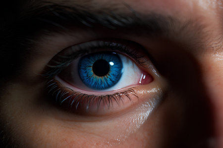Blue eye of a young man close-up. Intentional shallow depth of field.の素材