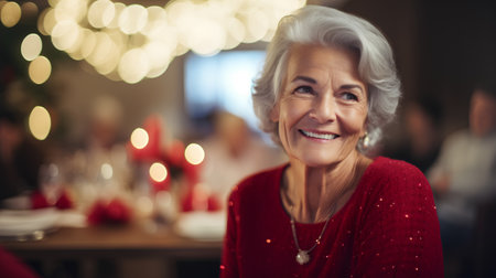 Portrait of happy senior woman at christmas dinner party in restaurantの素材