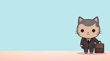 Businessman cat with briefcase. Vector illustration on blue background.の素材