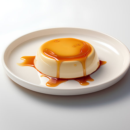 Panna Cotta with caramel sauce on a plate. 3d renderingの素材