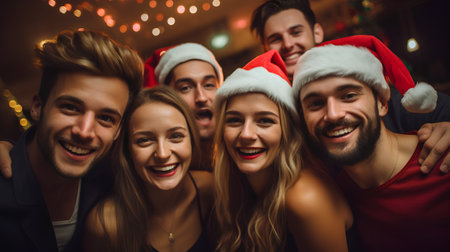 Group of friends in Santa hats having fun at New Year party.の素材