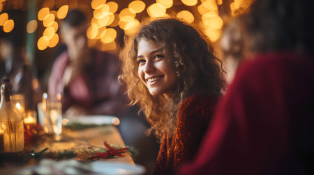 Portrait of young beautiful woman sitting at table with christmas lightsの素材